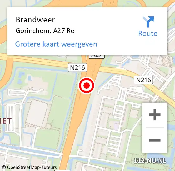 Locatie op kaart van de 112 melding: Brandweer Gorinchem, A27 Re op 18 januari 2019 20:16
