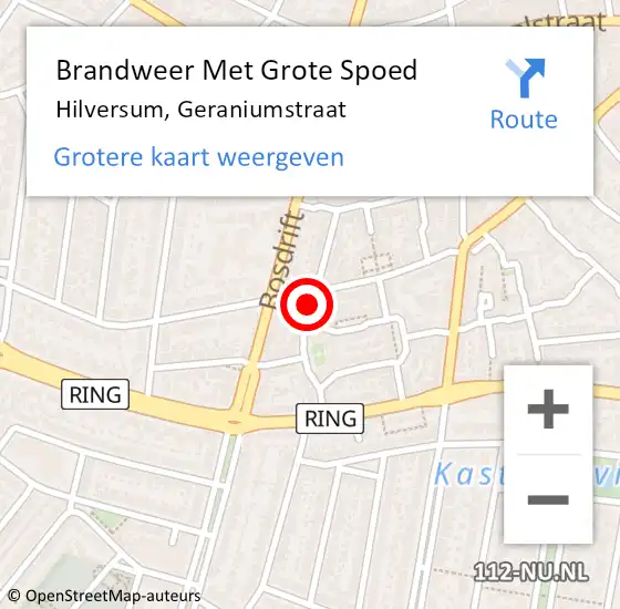 Locatie op kaart van de 112 melding: Brandweer Met Grote Spoed Naar Hilversum, Geraniumstraat op 20 januari 2019 08:54