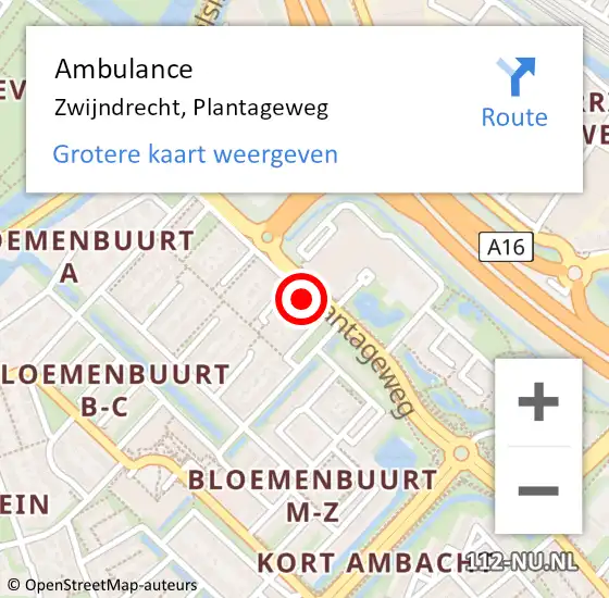 Locatie op kaart van de 112 melding: Ambulance Zwijndrecht, Plantageweg op 20 januari 2019 13:38