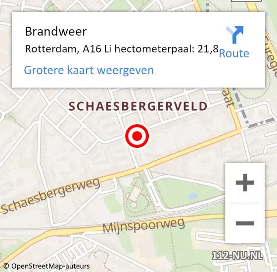 Locatie op kaart van de 112 melding: Brandweer Rotterdam, A16 Li hectometerpaal: 21,8 op 21 januari 2019 17:57