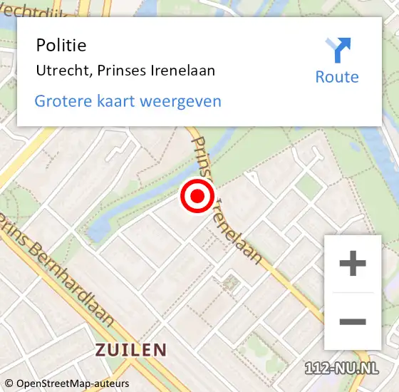 Locatie op kaart van de 112 melding: Politie Utrecht, Prinses Irenelaan op 22 januari 2019 08:30