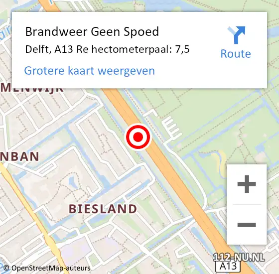 Locatie op kaart van de 112 melding: Brandweer Geen Spoed Naar Delft, A13 Li hectometerpaal: 8,5 op 22 januari 2019 10:01