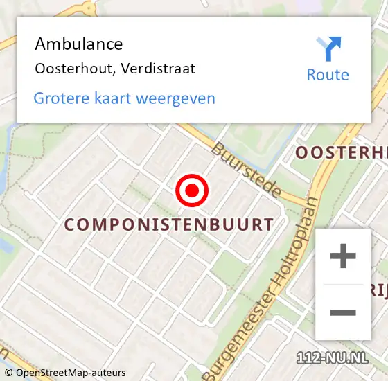 Locatie op kaart van de 112 melding: Ambulance Oosterhout, Verdistraat op 25 januari 2019 11:39