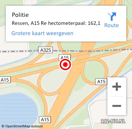 Locatie op kaart van de 112 melding: Politie Ressen, A15 Re op 27 januari 2019 09:30
