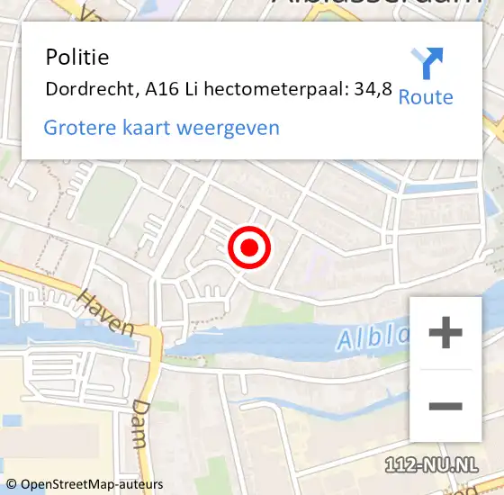 Locatie op kaart van de 112 melding: Politie Dordrecht, A16 Li hectometerpaal: 36,8 op 29 januari 2019 12:41