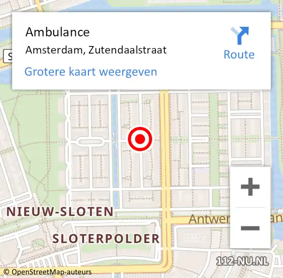 Locatie op kaart van de 112 melding: Ambulance Amsterdam, Zutendaalstraat op 1 februari 2019 13:20