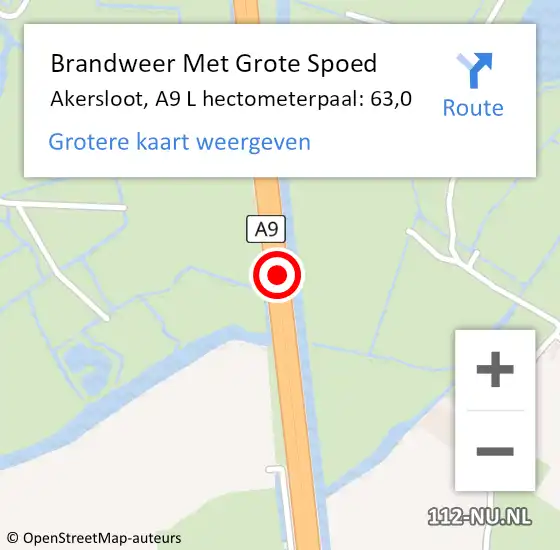 Locatie op kaart van de 112 melding: Brandweer Met Grote Spoed Naar Akersloot, A9 Re hectometerpaal: 62,5 op 1 februari 2019 23:37