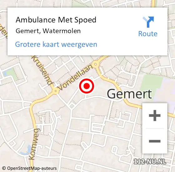 Locatie op kaart van de 112 melding: Ambulance Met Spoed Naar Gemert, Watermolen op 4 februari 2019 21:19