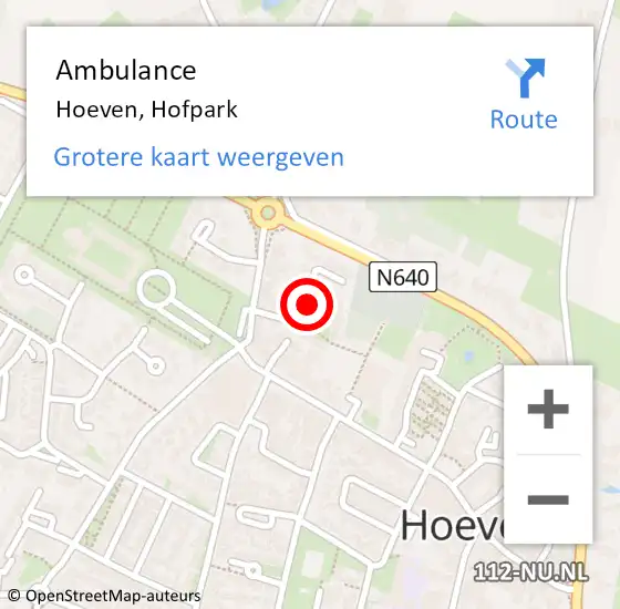 Locatie op kaart van de 112 melding: Ambulance Hoeven, Hofpark op 5 februari 2019 15:32