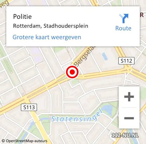Locatie op kaart van de 112 melding: Politie Rotterdam, Stadhoudersplein op 5 februari 2019 18:46