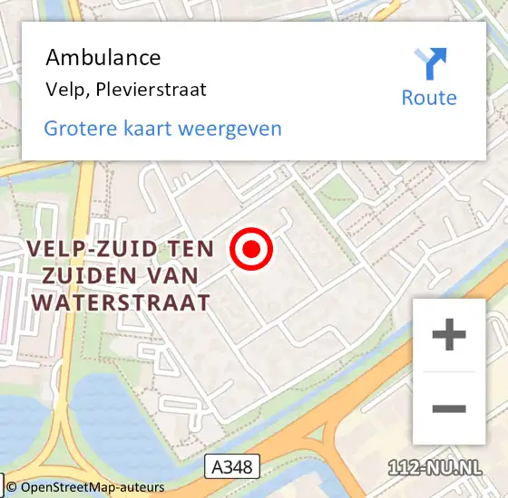 Locatie op kaart van de 112 melding: Ambulance Velp, Plevierstraat op 6 februari 2019 19:02
