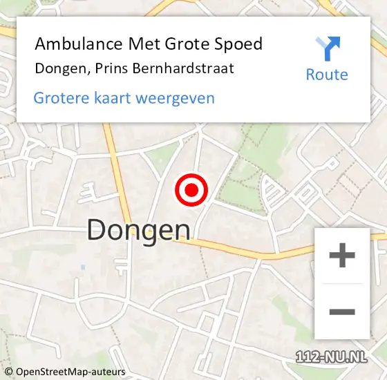 Locatie op kaart van de 112 melding: Ambulance Met Grote Spoed Naar Dongen, Prins Bernhardstraat op 9 februari 2019 21:22