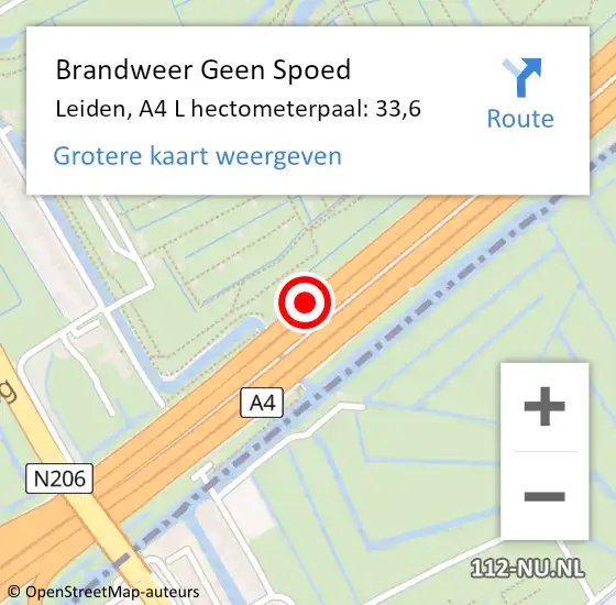Locatie op kaart van de 112 melding: Brandweer Geen Spoed Naar Leiden, A4 L hectometerpaal: 33,6 op 11 februari 2019 07:52
