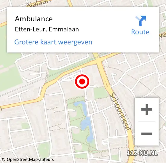 Locatie op kaart van de 112 melding: Ambulance Etten-Leur, Emmalaan op 11 februari 2019 09:27