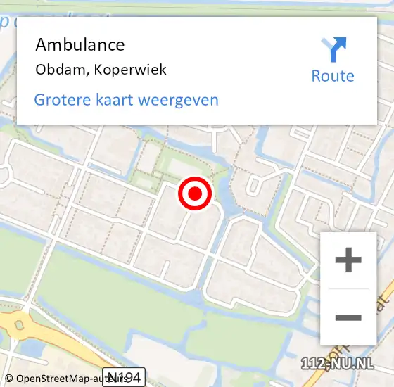 Locatie op kaart van de 112 melding: Ambulance Obdam, Koperwiek op 11 februari 2019 12:02