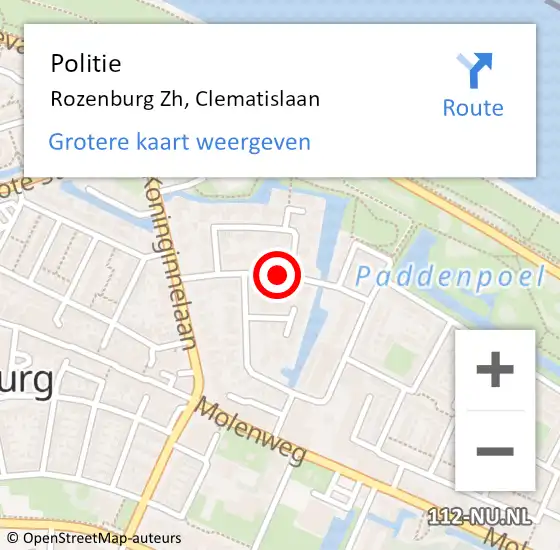 Locatie op kaart van de 112 melding: Politie Rozenburg Zh, Clematislaan op 11 februari 2019 21:43