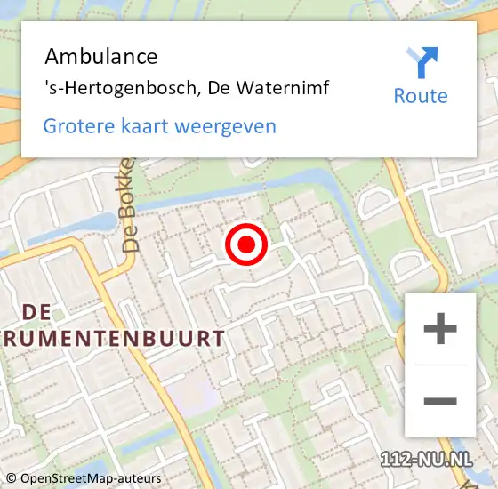 Locatie op kaart van de 112 melding: Ambulance 's-Hertogenbosch, De Waternimf op 13 februari 2019 16:19