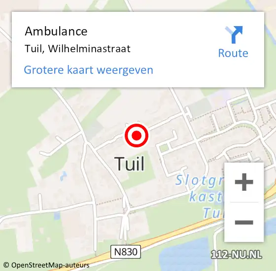 Locatie op kaart van de 112 melding: Ambulance Tuil, Wilhelminastraat op 14 februari 2019 20:18