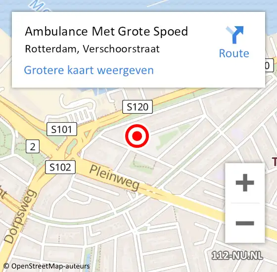 Locatie op kaart van de 112 melding: Ambulance Met Grote Spoed Naar Rotterdam, Verschoorstraat op 14 februari 2019 21:30