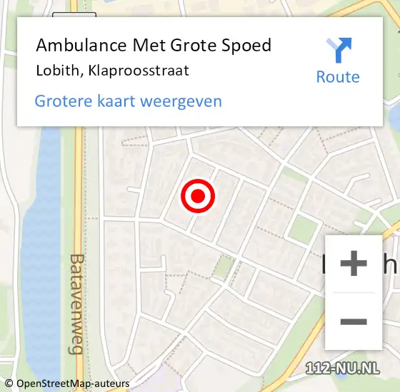 Locatie op kaart van de 112 melding: Ambulance Met Grote Spoed Naar Lobith, Klaproosstraat op 15 februari 2019 01:08