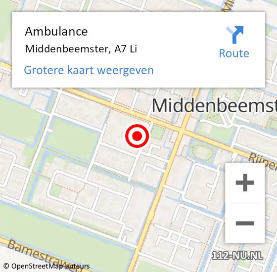 Locatie op kaart van de 112 melding: Ambulance Middenbeemster, A7 Re op 16 februari 2019 00:21