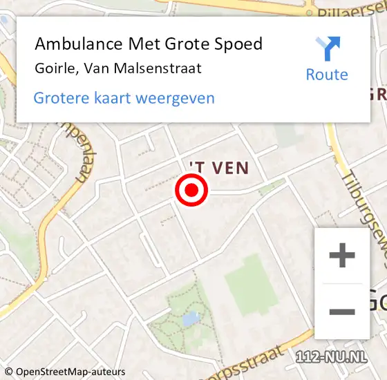 Locatie op kaart van de 112 melding: Ambulance Met Grote Spoed Naar Goirle, Van Malsenstraat op 16 februari 2019 07:28