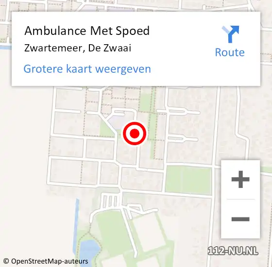 Locatie op kaart van de 112 melding: Ambulance Met Spoed Naar Zwartemeer, De Zwaai op 16 februari 2019 08:56