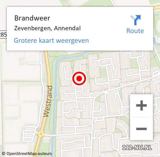 Locatie op kaart van de 112 melding: Brandweer Zevenbergen, Annendal op 18 februari 2019 20:47