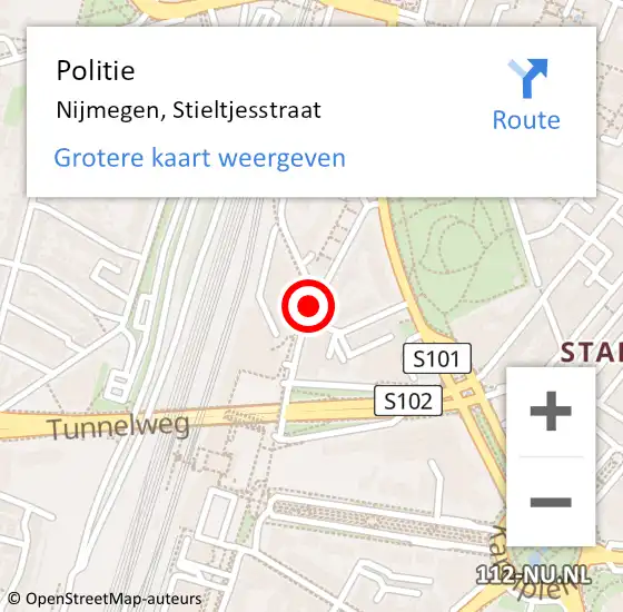 Locatie op kaart van de 112 melding: Politie Nijmegen, Stieltjesstraat op 20 februari 2019 14:03