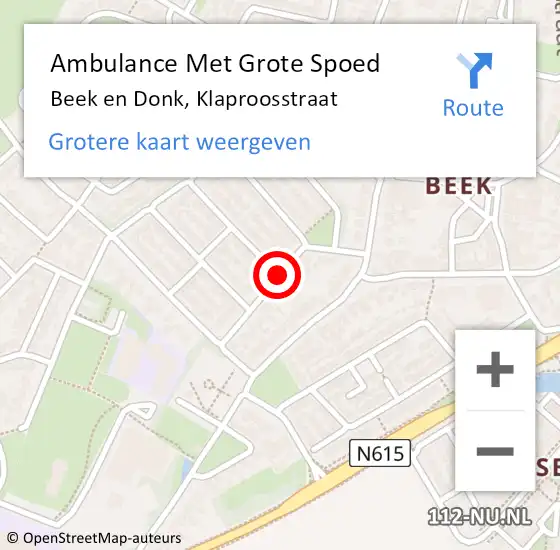 Locatie op kaart van de 112 melding: Ambulance Met Grote Spoed Naar Beek en Donk, Klaproosstraat op 20 februari 2019 17:20