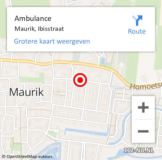 Locatie op kaart van de 112 melding: Ambulance Maurik, Ibisstraat op 20 februari 2019 18:21