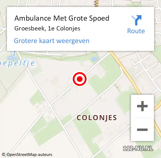 Locatie op kaart van de 112 melding: Ambulance Met Grote Spoed Naar Groesbeek, 1e Colonjes op 21 februari 2019 07:31