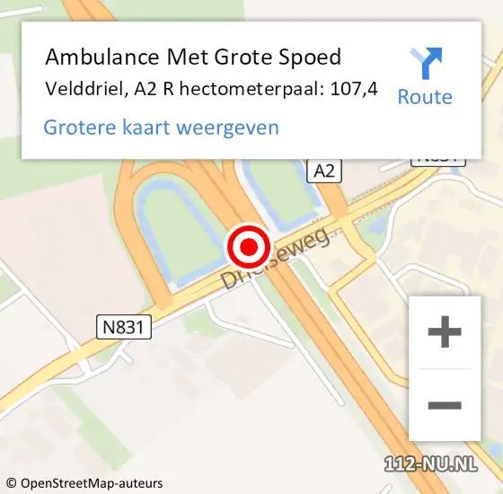 Locatie op kaart van de 112 melding: Ambulance Met Grote Spoed Naar Velddriel, A2 R hectometerpaal: 107,4 op 21 februari 2019 07:45