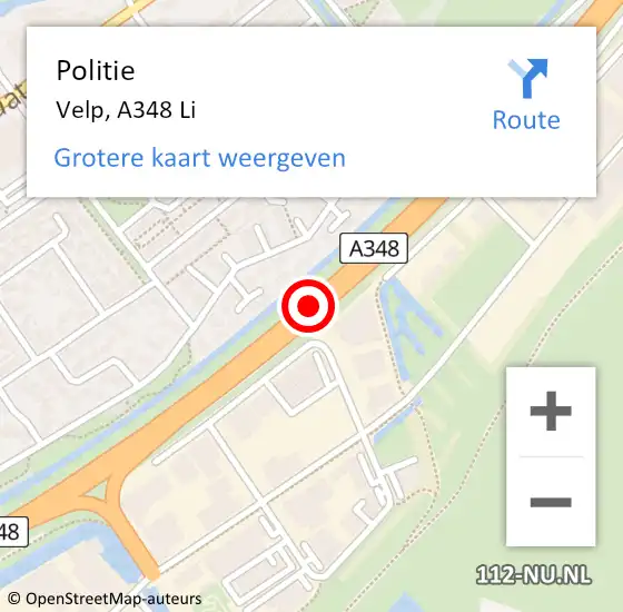 Locatie op kaart van de 112 melding: Politie Velp, A348 Li op 22 februari 2019 13:13