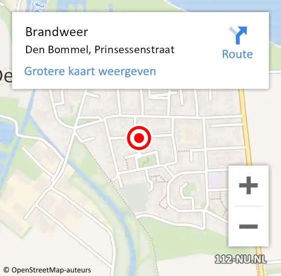 Locatie op kaart van de 112 melding: Brandweer Den Bommel, Prinsessenstraat op 22 februari 2019 16:54