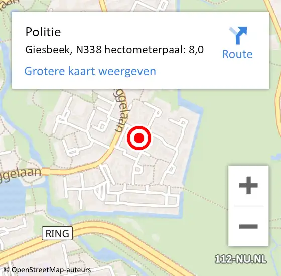 Locatie op kaart van de 112 melding: Politie Giesbeek, N338 hectometerpaal: 8,0 op 23 februari 2019 23:02