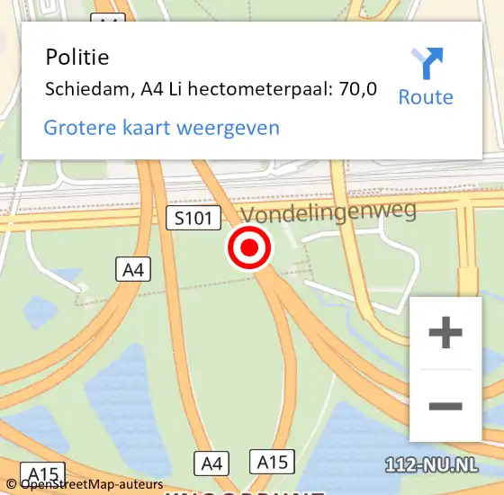 Locatie op kaart van de 112 melding: Politie Schiedam, A4 Li hectometerpaal: 71,0 op 24 februari 2019 11:34
