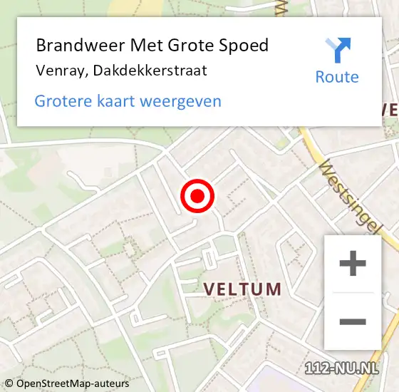 Locatie op kaart van de 112 melding: Brandweer Met Grote Spoed Naar Venray, Dakdekkerstraat op 24 februari 2019 21:38