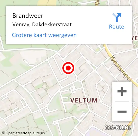 Locatie op kaart van de 112 melding: Brandweer Venray, Dakdekkerstraat op 24 februari 2019 21:41