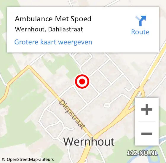 Locatie op kaart van de 112 melding: Ambulance Met Spoed Naar Wernhout, Dahliastraat op 24 februari 2019 22:21