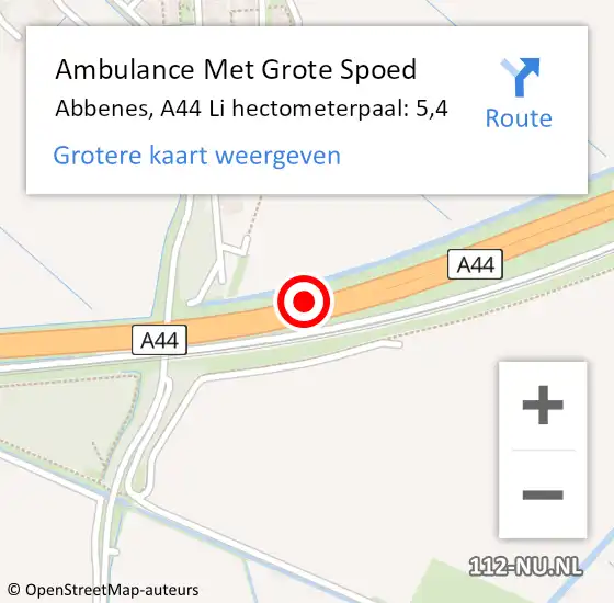 Locatie op kaart van de 112 melding: Ambulance Met Grote Spoed Naar Abbenes, A44 Li hectometerpaal: 5,4 op 25 februari 2019 09:51
