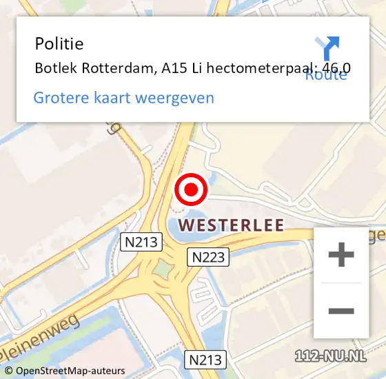 Locatie op kaart van de 112 melding: Politie Botlek Rotterdam, A15 Li hectometerpaal: 46,0 op 25 februari 2019 17:58