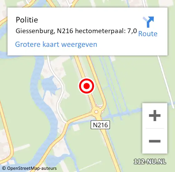 Locatie op kaart van de 112 melding: Politie Giessenburg, N216 hectometerpaal: 7,0 op 26 februari 2019 15:58