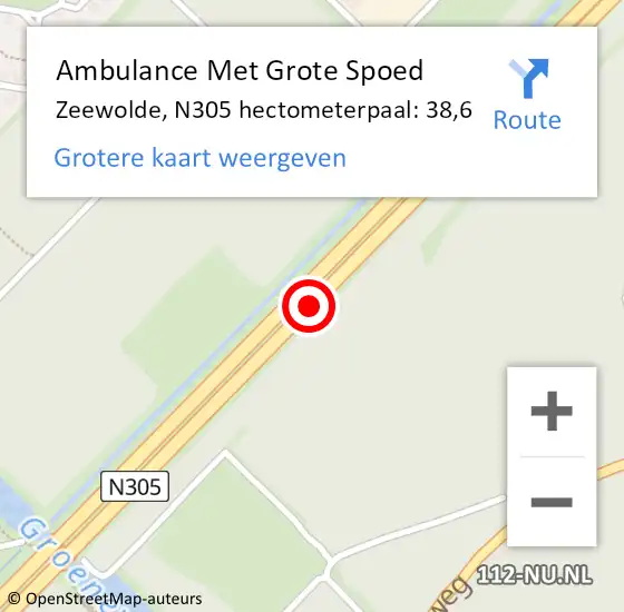 Locatie op kaart van de 112 melding: Ambulance Met Grote Spoed Naar Zeewolde, N305 hectometerpaal: 38,6 op 27 februari 2019 13:25