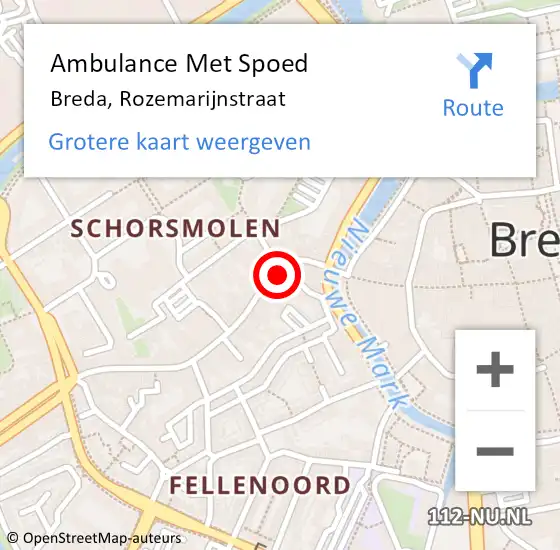 Locatie op kaart van de 112 melding: Ambulance Met Spoed Naar Breda, Rozemarijnstraat op 28 februari 2019 00:51