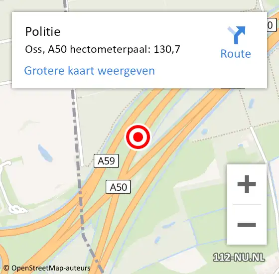 Locatie op kaart van de 112 melding: Politie Oss, A50 hectometerpaal: 130,7 op 1 maart 2019 00:33