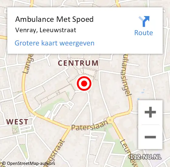 Locatie op kaart van de 112 melding: Ambulance Met Spoed Naar Venray, Leeuwstraat op 2 maart 2019 19:28