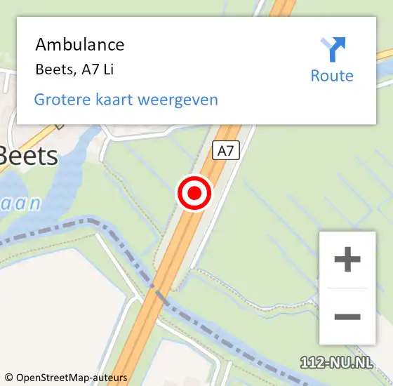 Locatie op kaart van de 112 melding: Ambulance Beets, A7 Li op 4 maart 2019 09:02