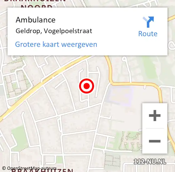 Locatie op kaart van de 112 melding: Ambulance Geldrop, Vogelpoelstraat op 4 maart 2019 15:15