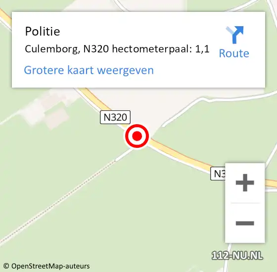 Locatie op kaart van de 112 melding: Politie Culemborg, N320 hectometerpaal: 1,1 op 4 maart 2019 16:56